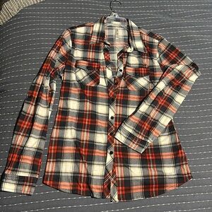 Soft plaid button up shirt. Juniors large. Red, white, blue, gold.